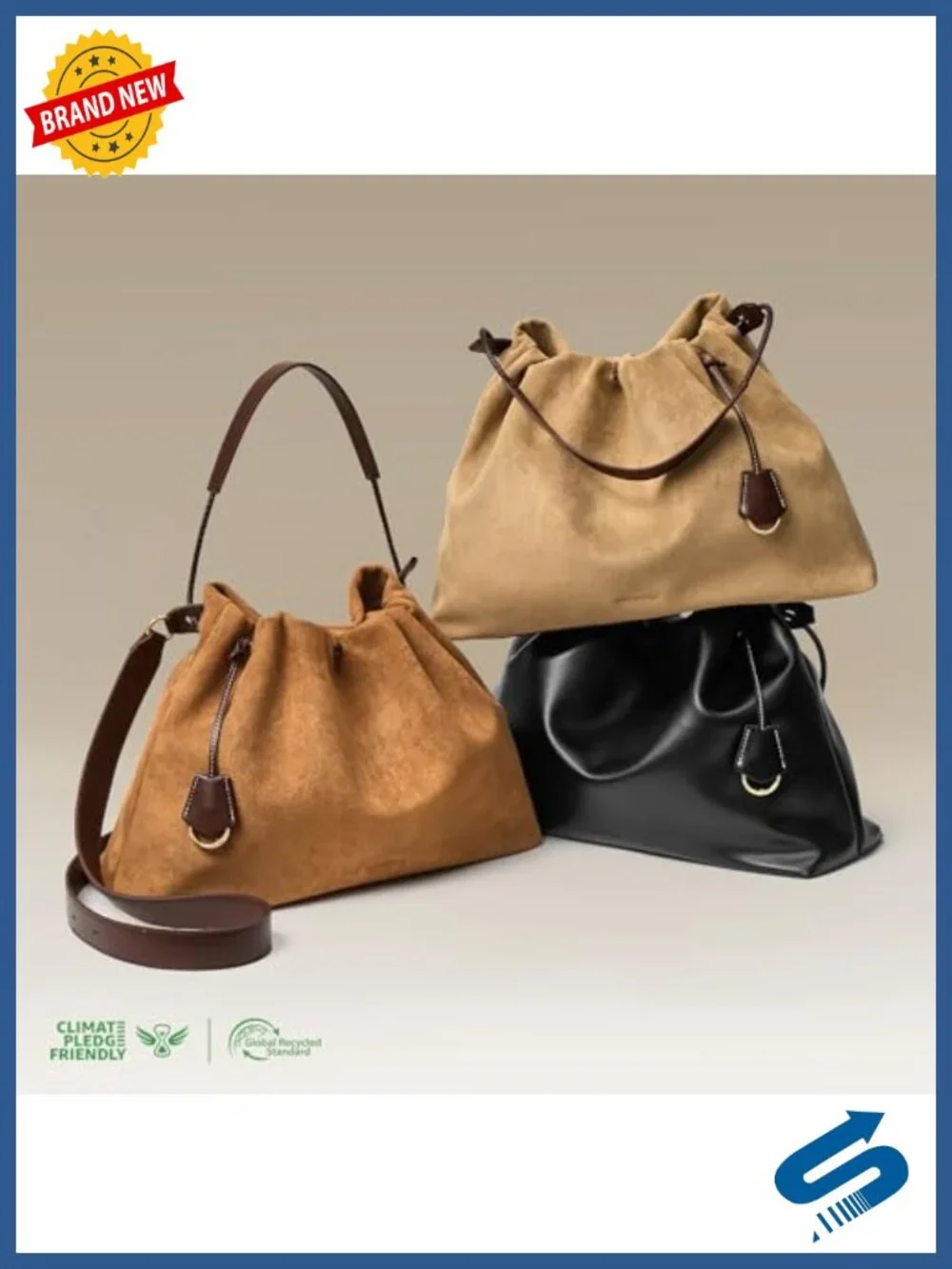Slouchy Hobo Bag Drawstring Crossbody Shoulder Purse Faux Suede Vegan Leather